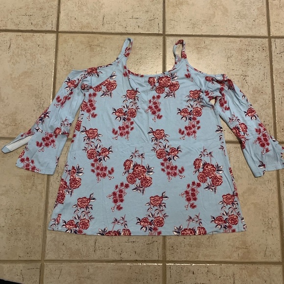 💜 Pink Rose Cold Shoulder Floral Top - Light Blue & Burgundy - Size S - Picture 4 of 7